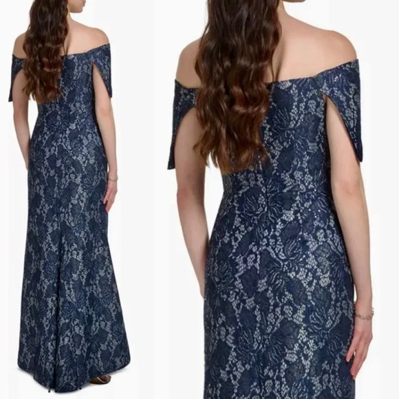 Vince Camuto Navy Blue Off-Shoulder Maxi Gown - Picture 3 of 9